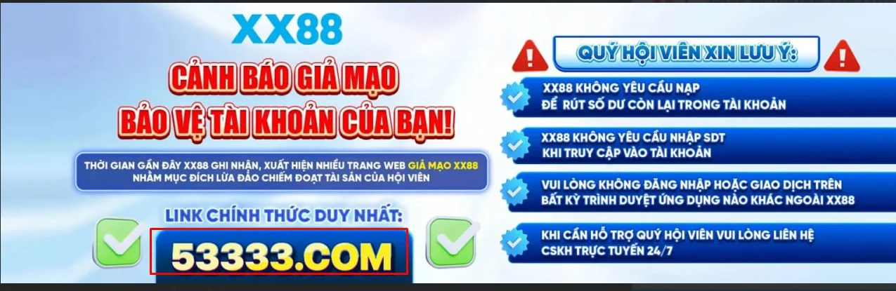 Banner cảnh báo lừa đảo khi đăng nhập XX88